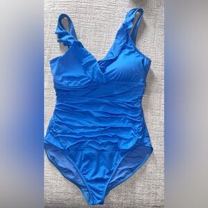 Lauren Ralph Lauren One Piece Swimsuit Blue Ruffle Straps Size 16 Resort Luxury